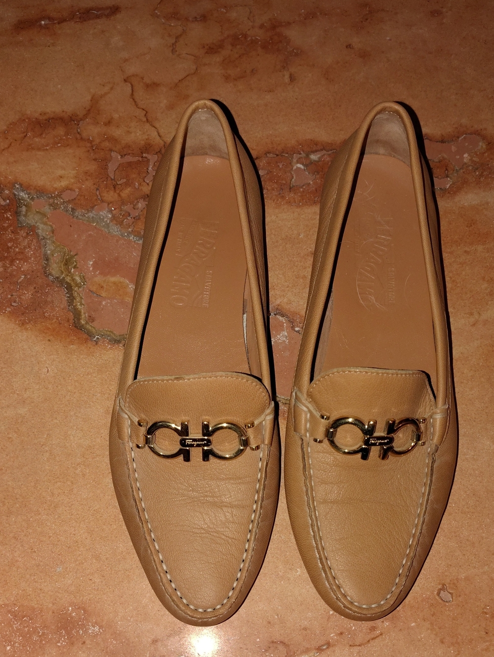 Salvatore Ferragamo Women's Tan Leather Loafers with Gold Tone Hardware